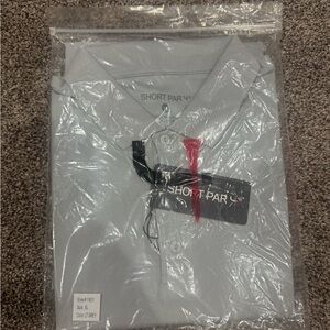 Gray Polo Shirt with Black Tag and Pink Accent